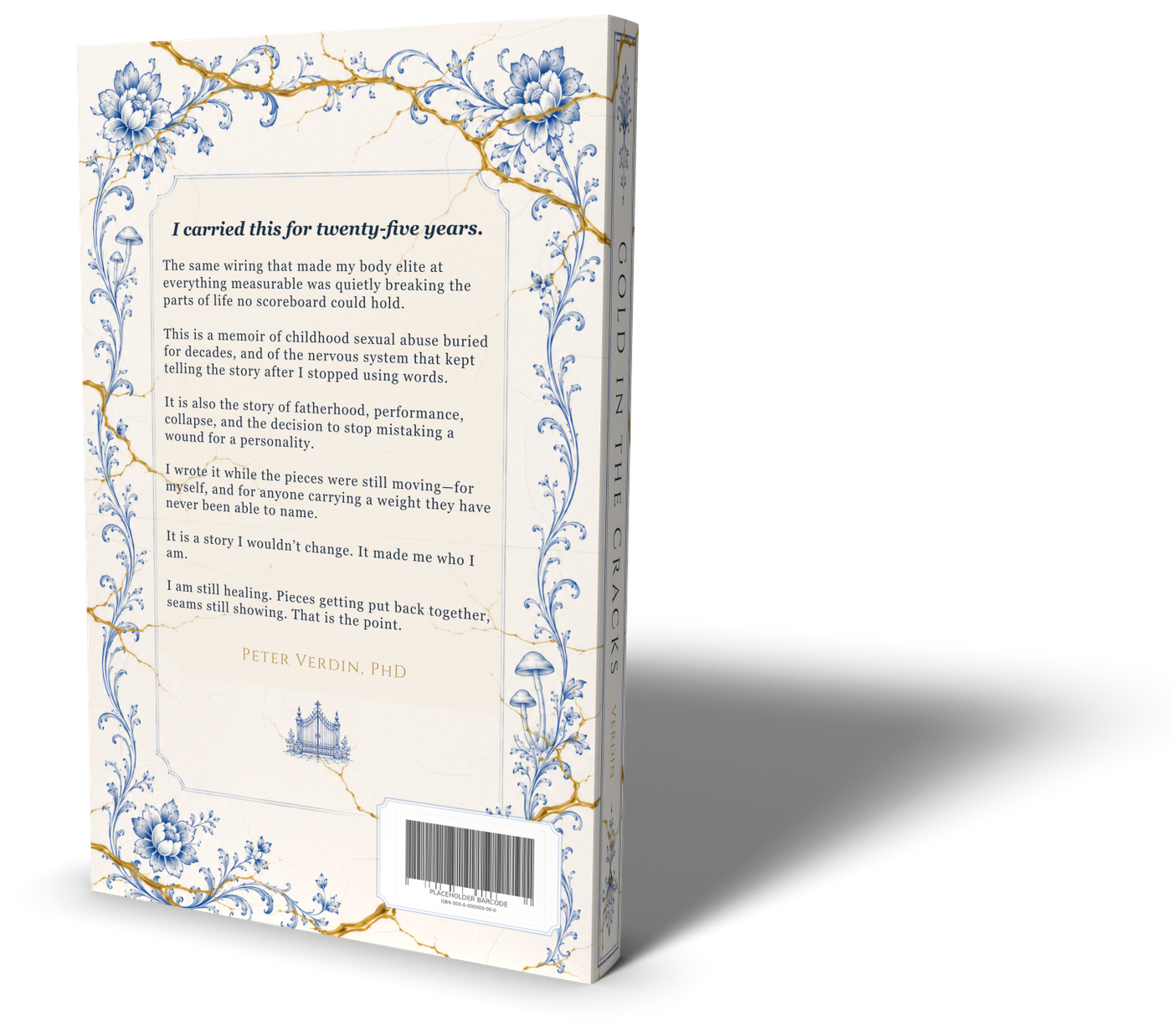 Three-dimensional mockup showing the back cover of Gold in the Cracks